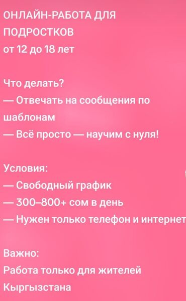 Другие специальности: Предлагается онлайн-работа для подростков в возрасте от 12 до 18 лет