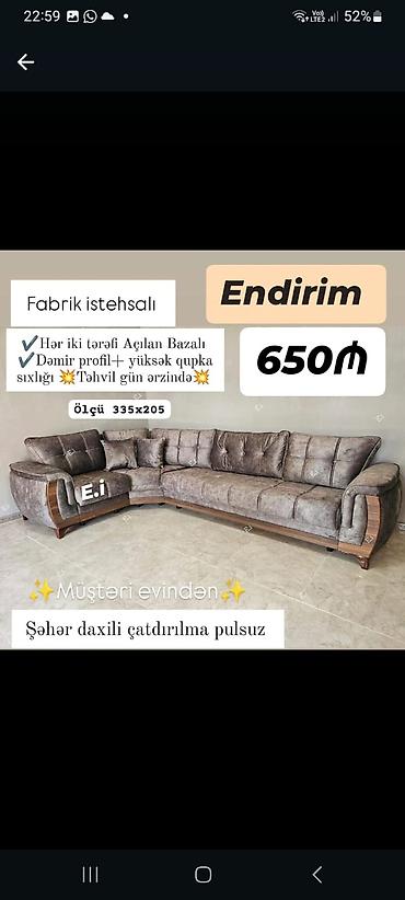 Divanlar: Künc divan – Fabrik istehsalı - Ölçü: 335 x 205 sm - Hər iki tərəfi — 1