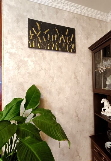 Şəkillər, tablolar: Əl işim "Sünbüllər" dekorativ tablo – qara fon üzərində qızılı sünbül — 10