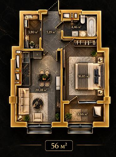 Продажа квартир: 1 комната, 56 м², 10 мкр Элитка, 15 этаж, ПСО (под самоотделку) — 3
