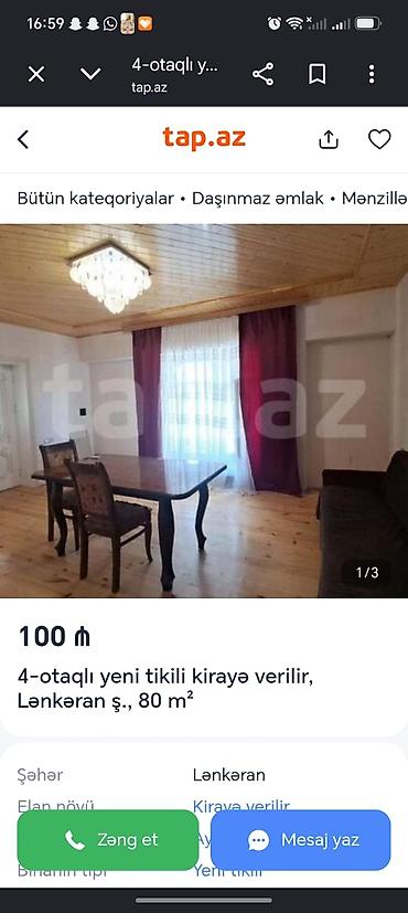 guzdek kiraye evler: Kirayə verilir: Lənkəran şəhərində 4 otaqlı yeni tikili, 80 m² — 3