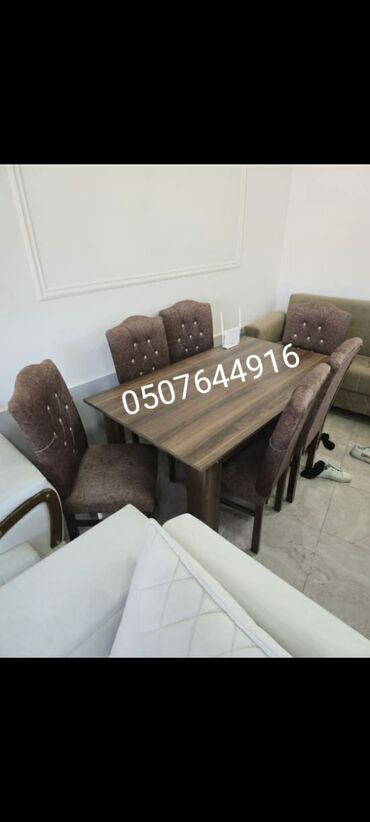 Masa və oturacaq dəstləri: Qonaq otağı üçün, Yeni, Açılmayan, Dördbucaq masa, 6 stul — 4