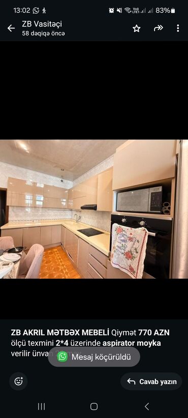 2ci el metbex mebel: *ZB* *AKRIL MƏTBƏX MEBELİ* Qiymət *770 AZN* ölçü texmini *2*4*