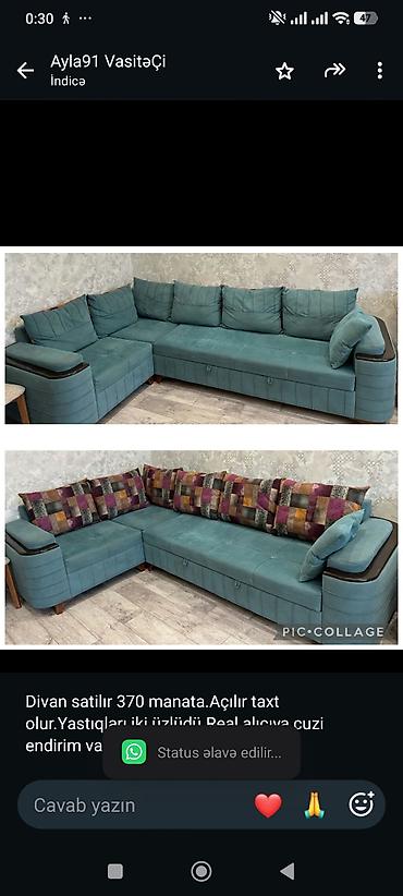 Divan satilır 370 manata.Açılır taxt olur.Yastıqları iki üzlüdü.Real