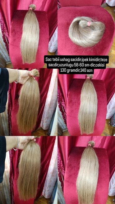 Təbii saçlar, pariklər: Sac tebii ushag sacidir,teze sacdir,uzunlugu 58 -60a yaxindir,cekisi — 10