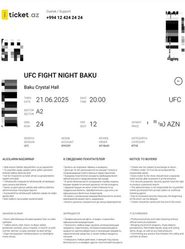 konsert bilet: UFC BİLET 21.06.2025-ci il tarixinə, saat 20:00-a olan UFC Fight Night