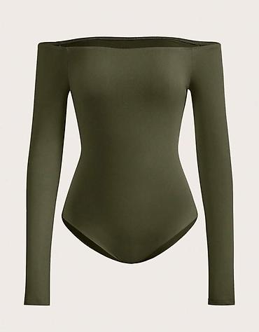 Bodi: Zeytun-yaşıl rəngdə, çiyinləri açıq (off-shoulder) qadın bodisi. - — 1