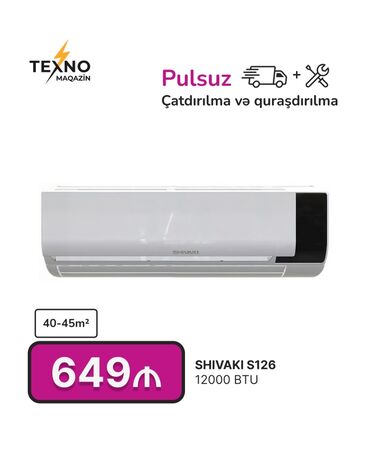 s12: Kondisioner Shivaki, 40-45 kv. m, Split sistem, Kredit yoxdur, Pulsuz quraşdırılma