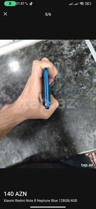 чехол на телефон fly: Redmi Note 8 (2021), 128 GB, rəng - Göy, Düyməli, Barmaq izi, İki sim kartlı