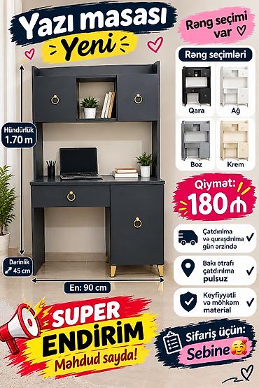 Мебель на заказ: Yazı masası – Yeni model Ölçülər: - Hündürlük: 1.70 m - En: 90 sm - — 1