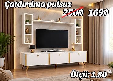Məhsul: TV stendi və asma rəf dəsti - Rəng: ağ, qızılı dekorativ