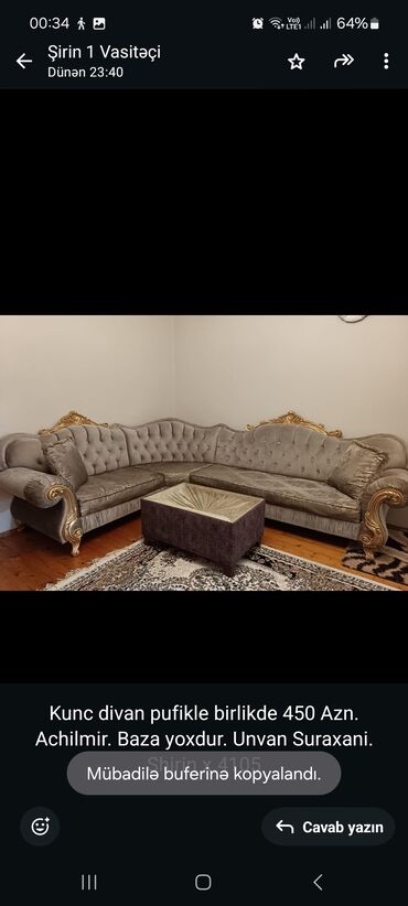Divanlar: Künc divan, İşlənmiş, Açılmayan, Bazasız, Çatdırılma yoxdur