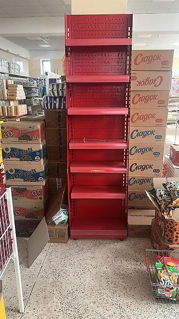 polkalar: Qırmızı metal mağaza rəfi - Material: möhkəm toz boya ilə örtülmüş — 2