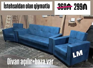 köhne divan: Mebel dəsti – divan və 2 kreslo - Rəng: mavi - Parça üzlüklü, yumşaq — 1