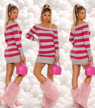 levis papuce: Ženska pletena mini haljina – prugasti dizajn - Model: mini dužina — 2