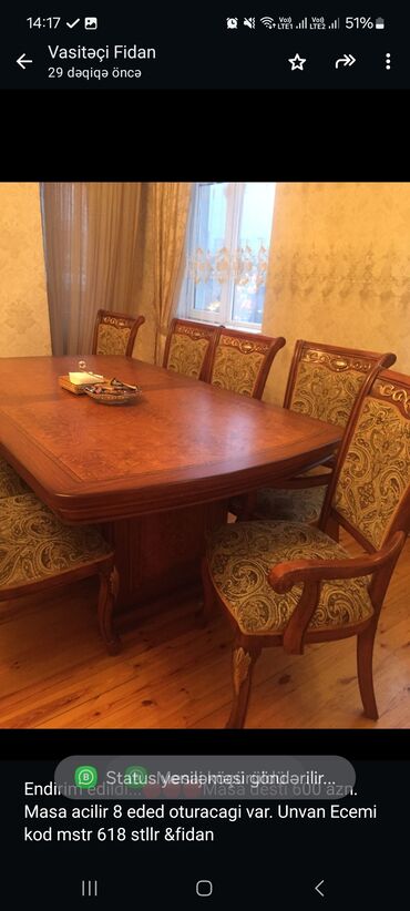sederek stol stul: Qonaq otağı üçün, Dördbucaq masa, 8 stul