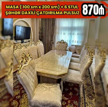 Masa və oturacaq dəstləri: Qonaq otağı üçün, Yeni, Açılmayan, Dördbucaq masa, 6 stul
