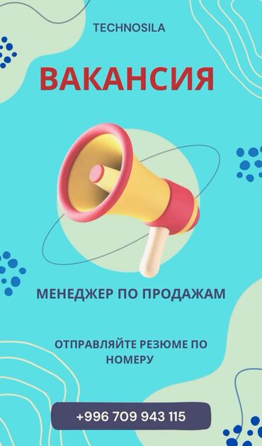 работа реализатора в бишкеке: Талап кылынат Сатуу боюнча менеджер, Иш тартиби: Алты күндүк, Толук жумуш күнү, Расмий жумушка орноштуруу