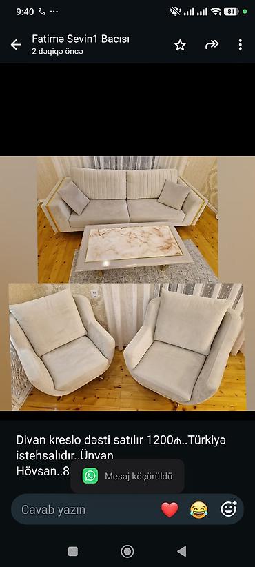 Divan kreslo dəsti satılır 1200₼. Türkiyə istehsalıdır. Ünvan