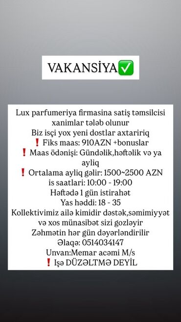 Avtobiznes, servis xidmətləri: Lux parfumeriya firmasına səyyar satıcı xanımlar tələb olunur Fiks