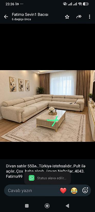 Divan satılır 550₼. Türkiyə istehsalıdır. Pult ilə açılır. Çox baha