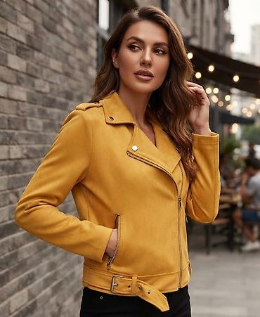pull and bear bomber: Ženska moto jakna – senf žuta - Kroj: klasičan “biker” kroj sa — 1