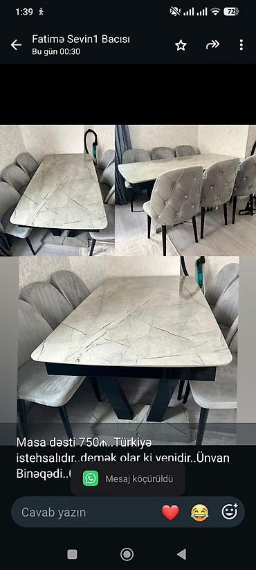 Masa dəsti 750₼. Türkiyə istehsalıdır. demək olar ki yenidir. Ünvan