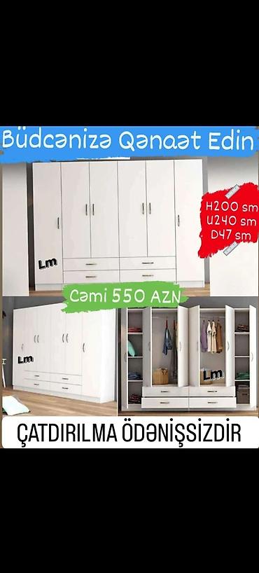 seyfi qapi: Daxili rəflər və asma yerləri olan, ağ rəngdə qarderob. Qarderobun — 6