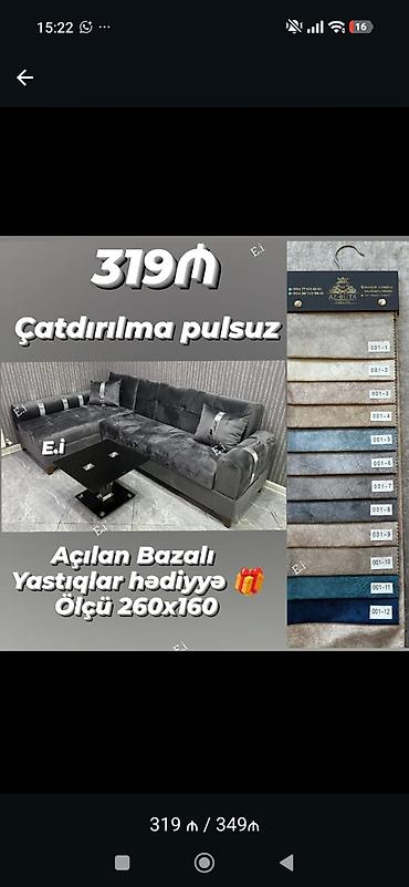 kreditle ev: Künc divan – açılan, bazalı model - Ölçü: 260 x 160 sm - Komplekt — 1