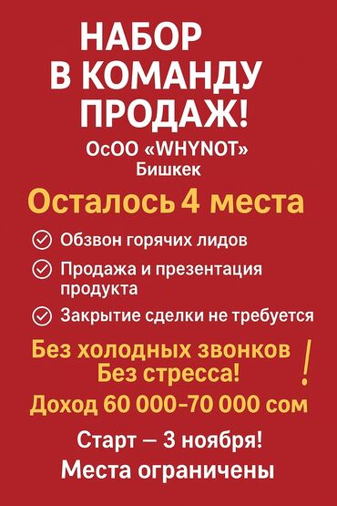 ищу работу менеджера по продажам: 🚀 НАБОР В КОМАНДУ ПРОДАЖ! Компания: ОсОО «WHYNOT» Город: Бишкек Мы