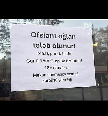 cay işi: Ofisiant tələb olunur, Gündəlik ödəniş, 18-29 yaş — 1