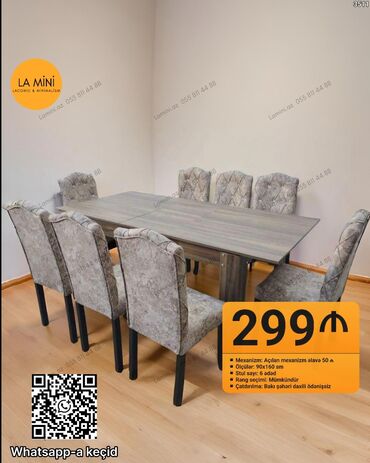 столы и стулья для гостинной цены: Qonaq otağı üçün, Açılan, Dördbucaq masa, 6 stul