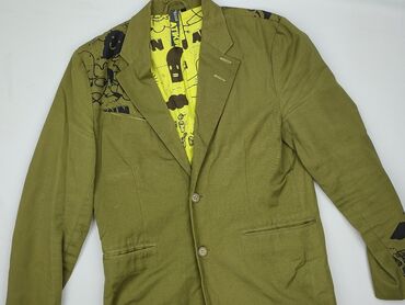 szerokie spodnie jeansowe: Marynarka męska ATIKIN – oliwkowa z unikatowym nadrukiem komiksowym -