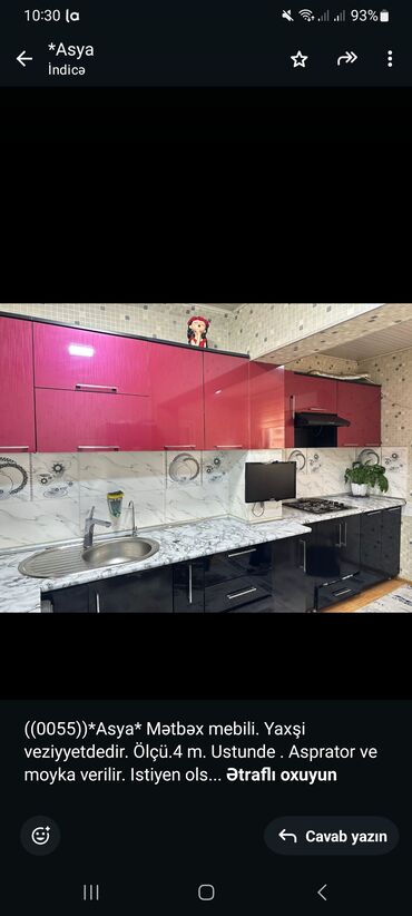 metbex esyalari instagram: ((0055))*Asya* Mətbəx mebili. Yaxşi veziyyetdedir. Ölçü.4 m. Ustunde