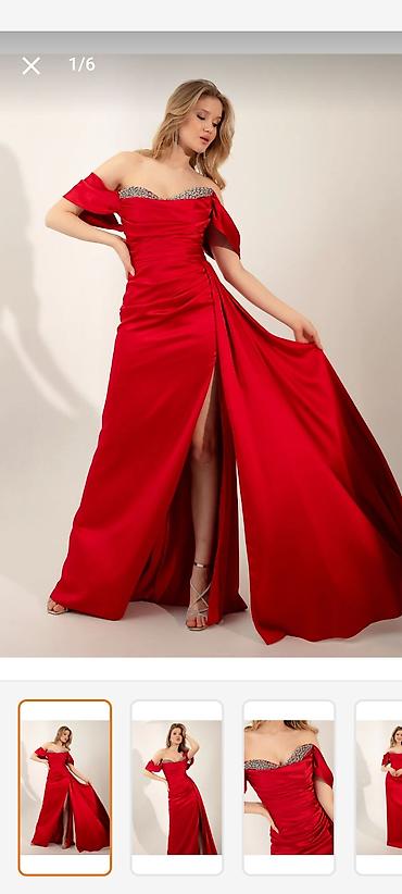 step platforma: Məhsul: Qırmızı axşam geyimi – daşlı dekolte, off-shoulder və dərin — 1