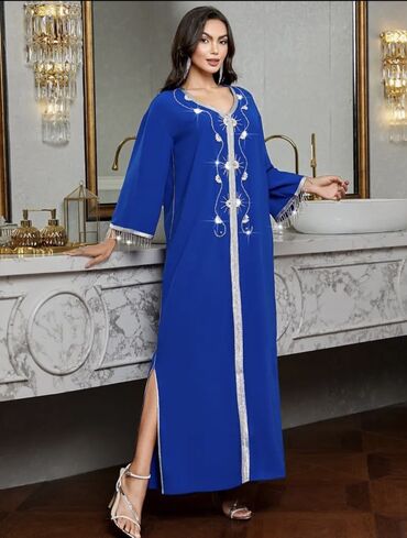 Ziyafət donları: Mavi rəngli zərif maxi paltar/abaya - Dizayn: Ön hissədə V formalı