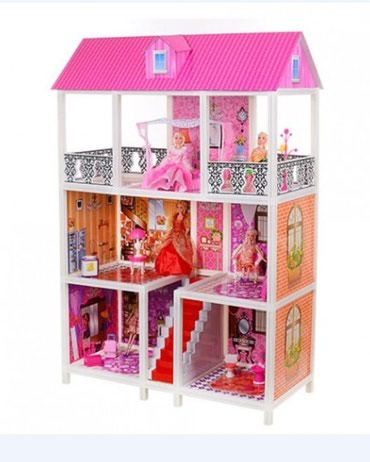 домики игрушки: Дом для Барби с мебелью, 3этажа +5кукол