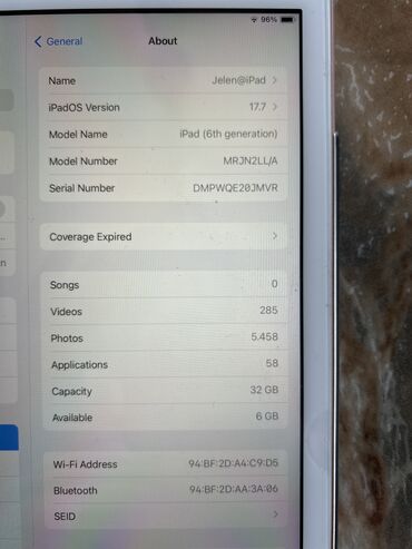 Tableti: IPad 2018 6tg generacija 32g iPadOS Version 17.7,  iPadOS Developer — 3