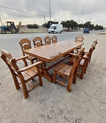 işlenmiş taxta: Taxta yemək dəsti – böyük ölçülü masa və 10 ədəd stul - Material: tam — 4