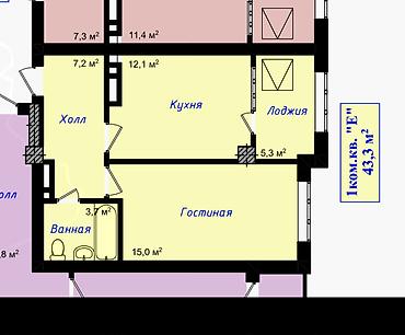 продаю квартиру 10 мкр: 1 комната, 43 м², Аламедин-1 мкр Элитка, 7 этаж, ПСО (под самоотделку) — 5