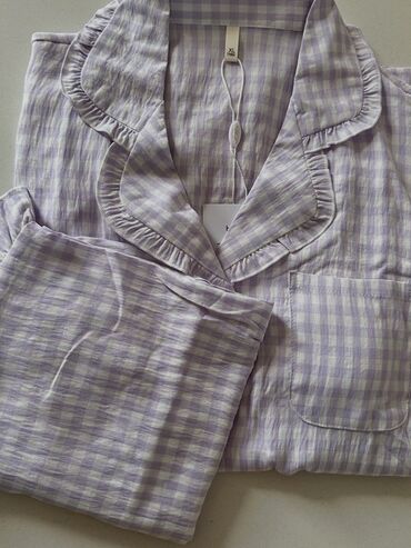 пижамы муслиновые: Женская пижама в клетку (лавандовый/светло‑серый), размер XL. -