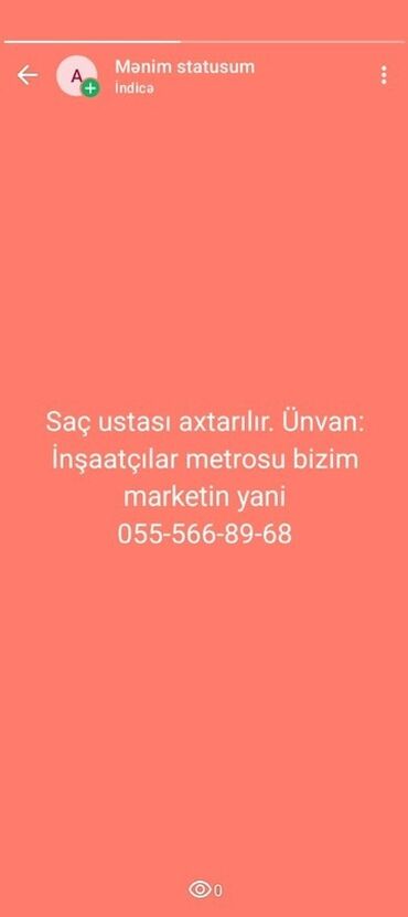 birja in.az is elanlari: Saç ustası axtarılır. Mekan: İnşaatçılar metrosu, “bizim market”in