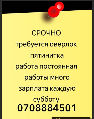 уборка требуется: Срочно требуется оверлок пятинитка
Село ЛЕНИНСКОЕ