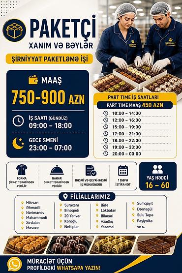 sumqayit is: Qablaşdırıcı tələb olunur, İstənilən yaş, Təcrübəsiz, Aylıq ödəniş — 1