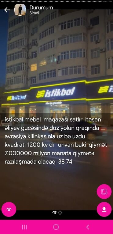 Daşınmaz əmlak: Istikbal mebel maqazası satlır