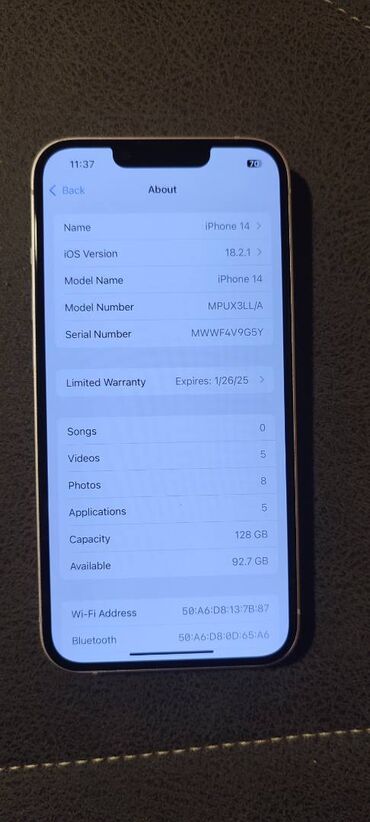 islenmis akkumulyator satisi: IPhone 14, 128 ГБ, Белый, Face ID