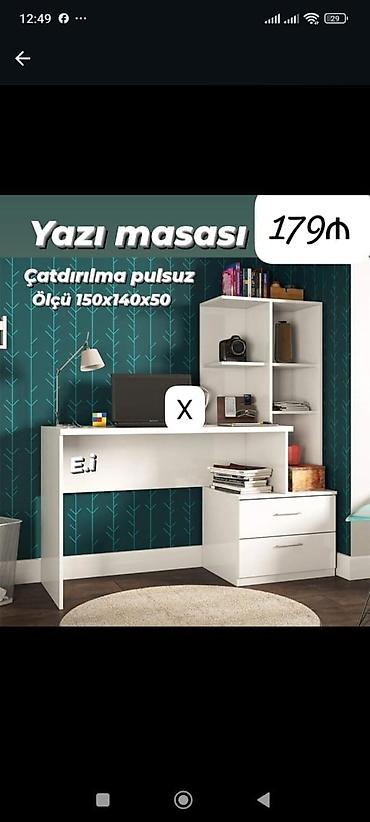 bar stolu: Yazı masası – ağ rəngdə, çoxfunksiyalı dizayn. - Ölçü: 150×140×50 sm - — 1