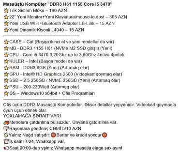 Masaüstü kompüterlər və iş stansiyaları: Masaüstü Kompüter "DDR3 H61 1155 Core i5 3470” ⭐Tək Sistem Bloku – 190 — 2