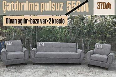 kreslo divan: Divan dəsti – 1 açılan divan + 2 kreslo - Rəng: boz - Divan mexanizmi — 1