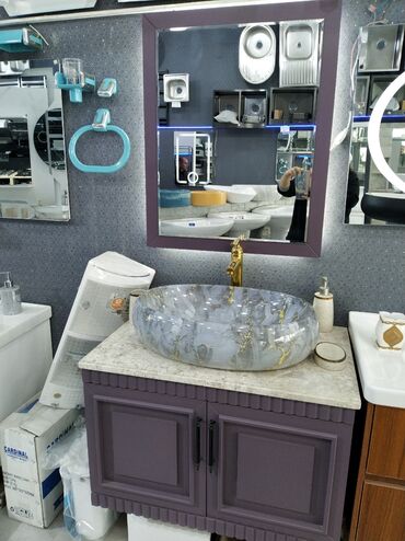 hamam ucun moydadir: Banyo dəsti – mərmər effektli şüşə kase-üstü əl-üz yuma qabı